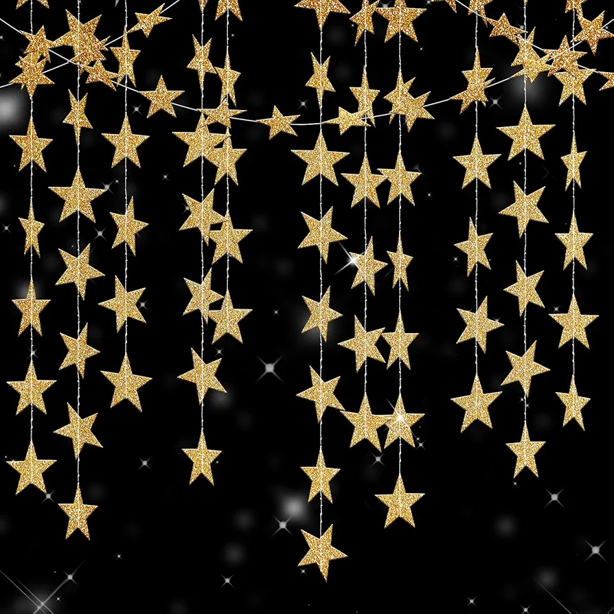 jijAcraft Glitter Gold Star Garland Decorations Hanging Garands Banner Backdrop, 2.7 inch Star Party Decoration for Birthday Baby Shower Wedding Kids Room Ramadan EID Graduation Decor (52 Feet)