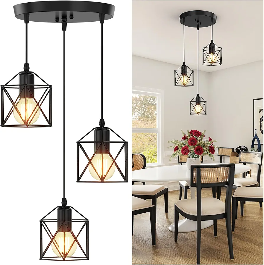 3 Light Pendant Light Fixtures, Dining Room Farmhouse Kitchen Island Light Fixture Chandelier, Industrial Hanging Pendant Lighting for Bedroom, Metal Cage Pendant Ceiling Lamp Black