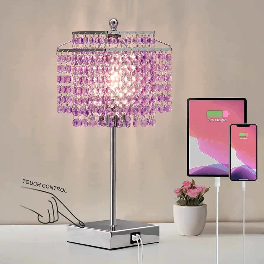 Luvkczc Bedside Crystal Table Lamp, Touch Crystal Lamps with USB C+A Ports, 3-Way Dimmable Purple Lamp with Crystal Shade for Girl Bedroom, Living Room, 6W B11 Bulb Included