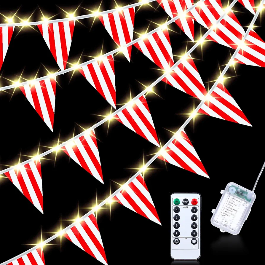 Carnival Circus Party Decorations 32.8ft Light up Red and White Pennant Banner Flags Striped Carnival Bunting Banner with 8 Modes Battery Operated String Light Triangle Bunting Flags