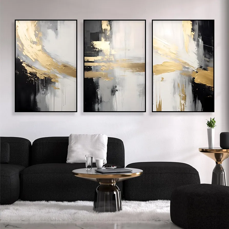 Acolabare Abstract Wall Art, 16x24inchx3, Art Print for Living Room, Grey and Gold