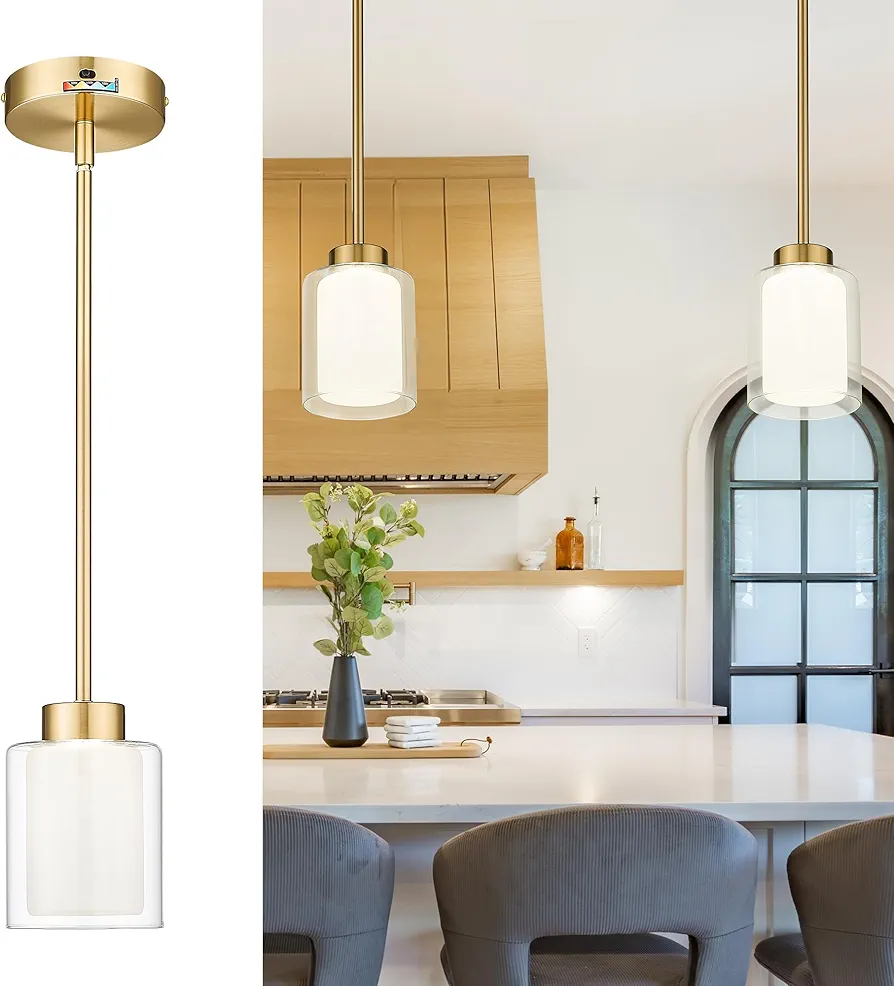 kudos Pendant Light Fixtures,Gold Pendant Light,Modern Led Pendant Light with Clear Glass and Milk Glass,Hanging Pendant Light for Kitchen Island,Dining Room,3000K/4000K/5000K Adjustable,KDPL06-GD