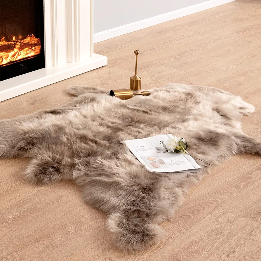 Carvapet Soft Fur Rugs Fake Reindeer Hide Area Rug Fluffy Faux Fur Carpet for Bedroom Floor Mat Home Decorative Throw Rug for Living Room, 4ft x 5ft, Brown