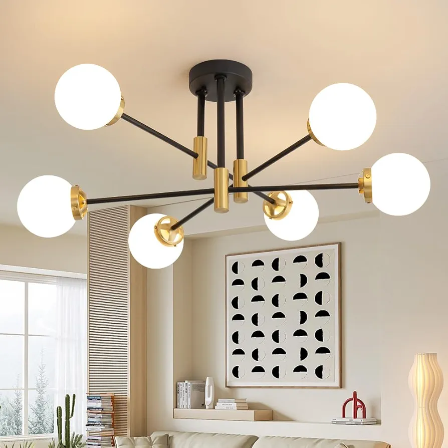 Sputnik Chandeliers, Black Gold Modern Chandelier for Dining Room, Mid Century Ceiling Lights 6-Light with Milk White Glass Globe Shade