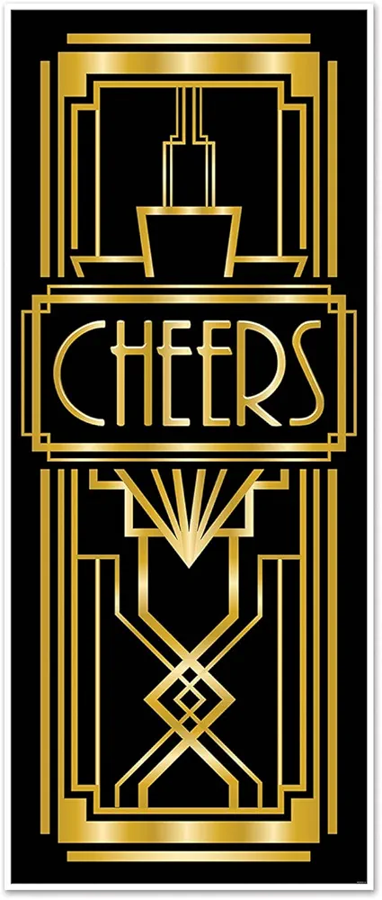 Beistle Plastic Cheers Door Cover, 5’ x 30” - Black & Gold Wall Backdrop, Roaring 20's Party Decor, Gatsby Jaz-Themed Parties, Birthday Party Supplies, New Years Eve Decorations