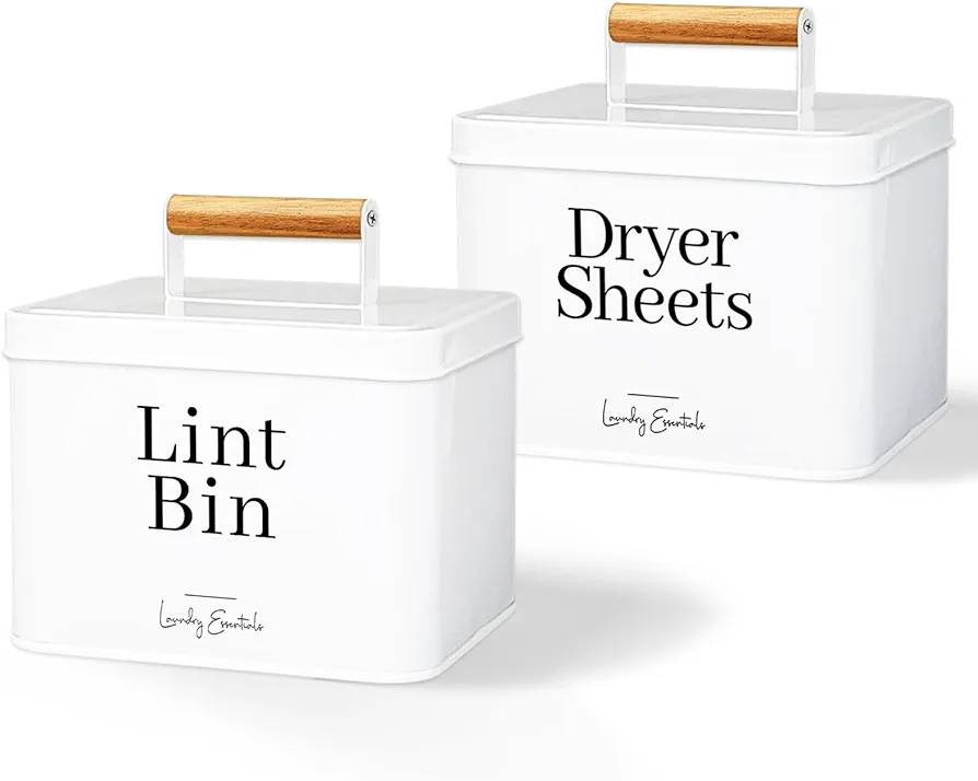 (2 Pack Bundle) Modern Farmhouse Lint Bin and Dryer Sheet Holder for Laundry Room Organization