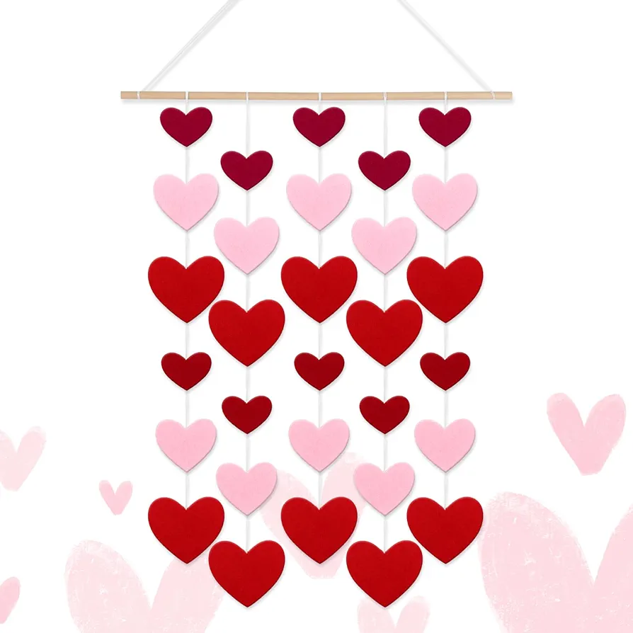 Valentine's Day Felt Garland Red Pink Heart Hanging String Garland Romantic Love Hanging Ornaments for Wedding Anniversary Party Bedroom Living Room Home Decor