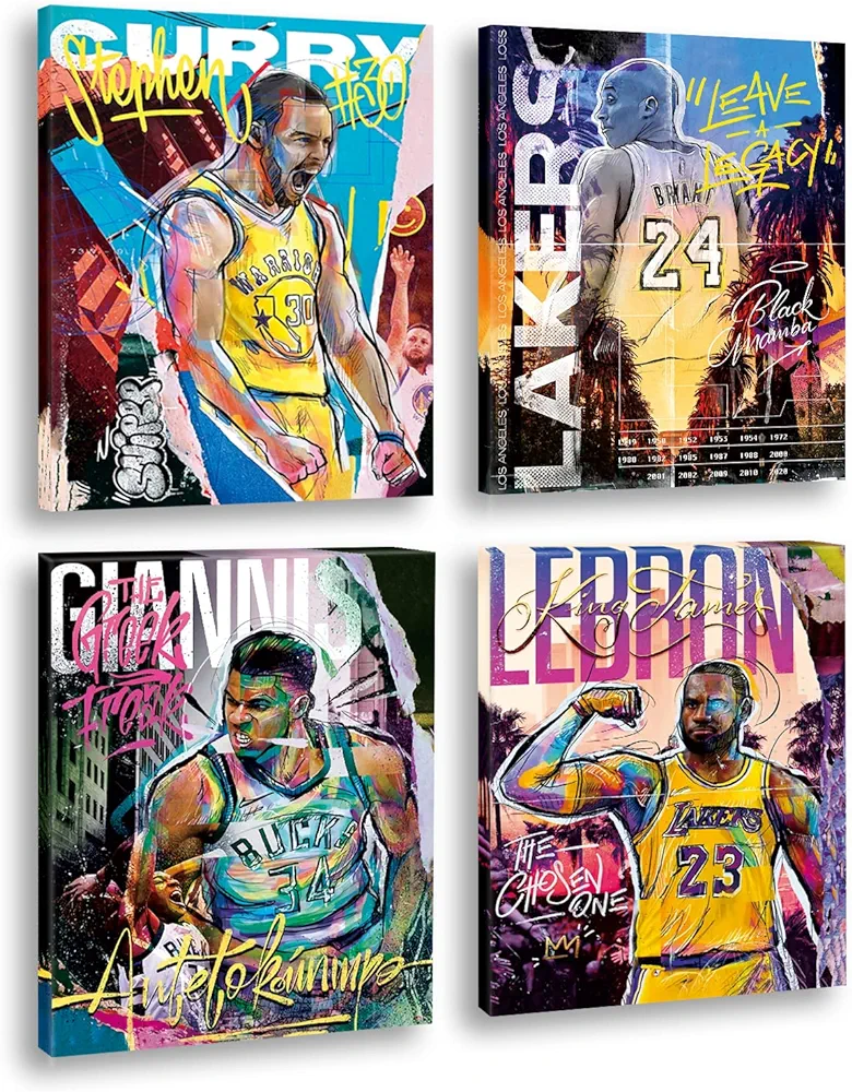 NIIORTY Basketball Stars Wall Art, Graffiti Basketball Art Prints, Basketball Canvas Motivational Posters for Boy's Room Man Cave Home Decor, Set of 4-8"x10" Frame