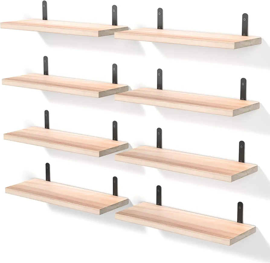 MOKA Wall Shelves Set of 8, Floating Shelves for Wall Decor, Sturdy Wall Mounted Shelves, Small Wood Shelves Hanging for Bedroom, Living Room, Bathroom, Kitchen, Book