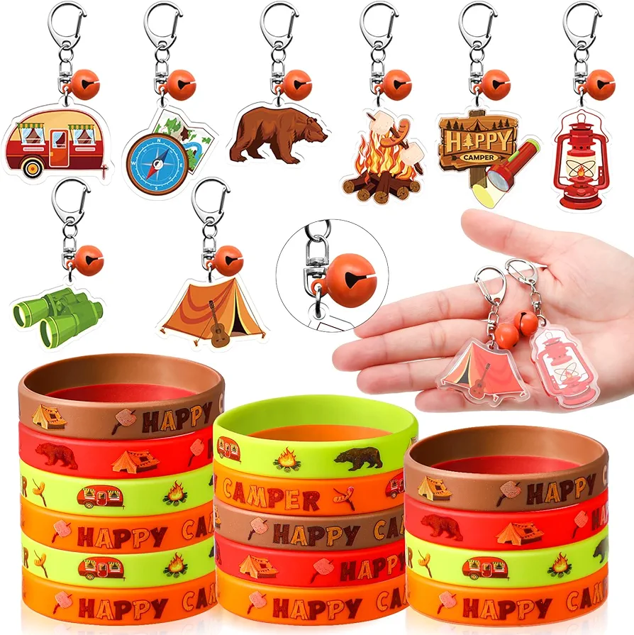 Aoriher 48 Pcs Camping Theme Gifts Bulk 24 Camper Silicone Bracelets and 24 Camp Theme Bell Keychains Camping Party Favors for Boys Girls Camp Goodie Bag Stuffers Classroom Rewards Supplies