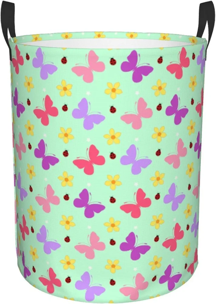 Collapsible Laundry Basket with Handles, Waterproof Oxford Fabric Colorful Butterflies Flower Pattern Hamper Storage Organizer for Laundry Room Bedroom Bathroom College Dorm