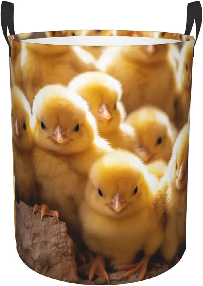 Chicks Gather Print Laundry Basket Circular Laundry Hamper with Handles Waterproof Circular Hamper Dirty Clothes Basket Portable Storage Bin for Home Organizer Living Room Bathroom Car Small