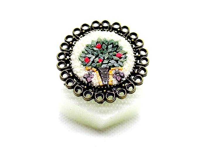 Handmade Natural Stone Mosaic Ring Relaxing Tree Of Life Patterned Antique Colored Jewelery With An Elegant Frame