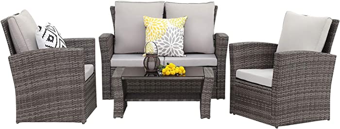 Wisteria Lane 4 Piece Outdoor Patio Furniture Sets, Wicker Conversation Set for Porch Deck, Gray Rattan Sofa Chair with Cushion