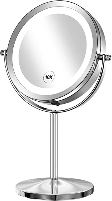 Gospire 1x/10x Magnifying Lighted Makeup Mirror Double Sided Round Mirror Standing 360 Degree Swivel Vanity Mirror Battery Operated 7 Inch Diameter Shaving Bathroom Mirror(Silver-Button Switch)