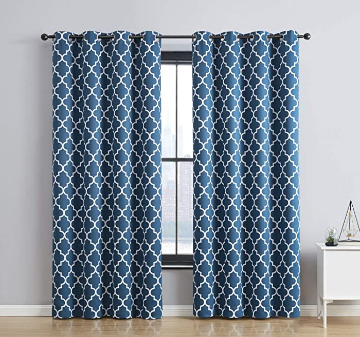 HLC.ME Lattice Print Decorative 96 Inch Blackout Curtains - Thermal Energy Smart Room Darkening Grommet Window Treatment Drapery for Master Bedroom - Dark Teal Blue - 52 W x 96 L - Pair