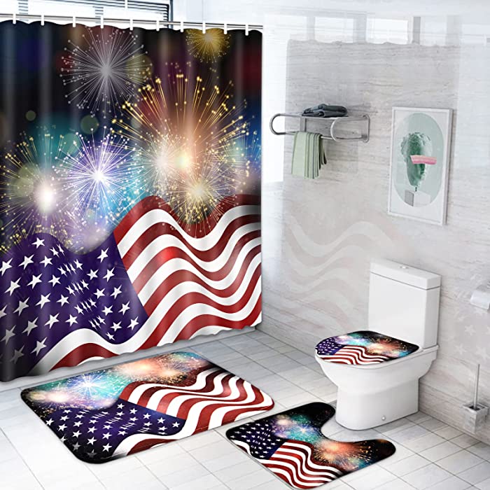 Ikfashoni 4 Pcs American Flag Shower Curtain Set with Non-Slip Rugs, Toilet Lid Cover and Bath Mat, 4th of July Shower Curtain with 12 Hooks, Independence Day Fireworks Shower Curtains for Bathroom