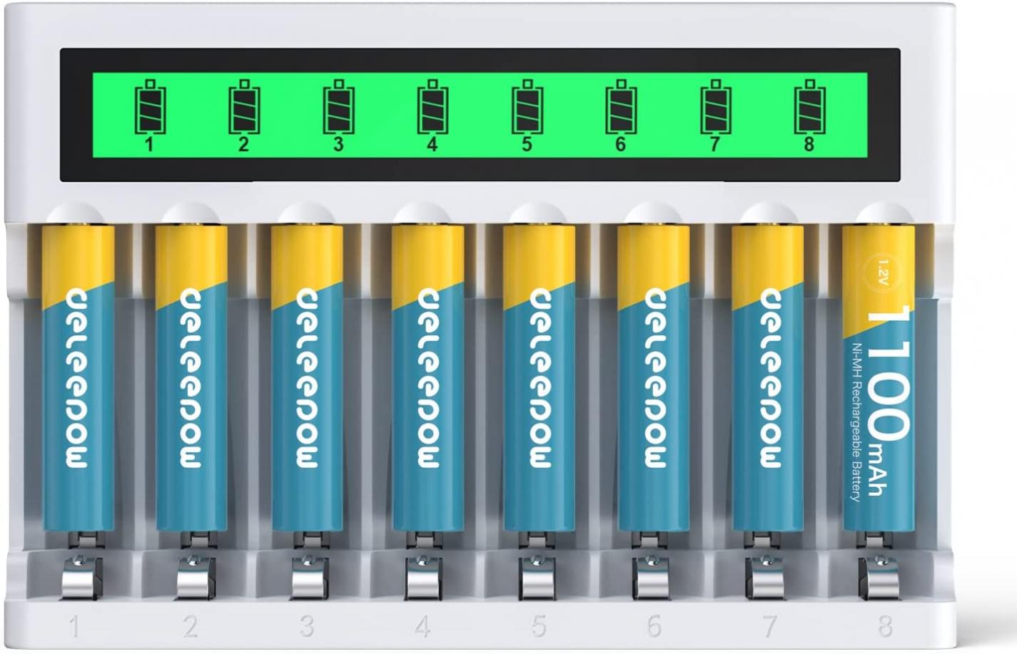 Deleepow 1.2V Rechargeable AAA Batteries 1100mAh Nimh AAA Rechargeable Batteries 8-Pack Gold-Plated Anode with USB-C and Micro USB 2 Charge Port LCD Charger