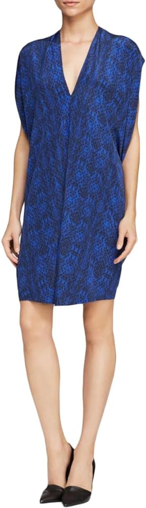 Vince Double V-Neck Printed Silk Dress (Cobalt-Coastal Combo/Cobalt Blue, S)