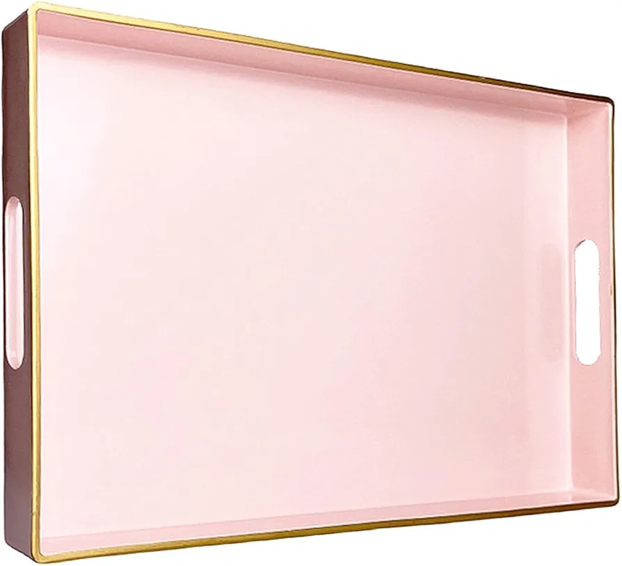 Pink Serving Tray with Handles, Rectangular Decorative Tray for Coffee Table, Plastic Ottoman Tray for Living Room, Bathroom, Kitchen Tabletop, 15.74”x 10.25”x1.37”