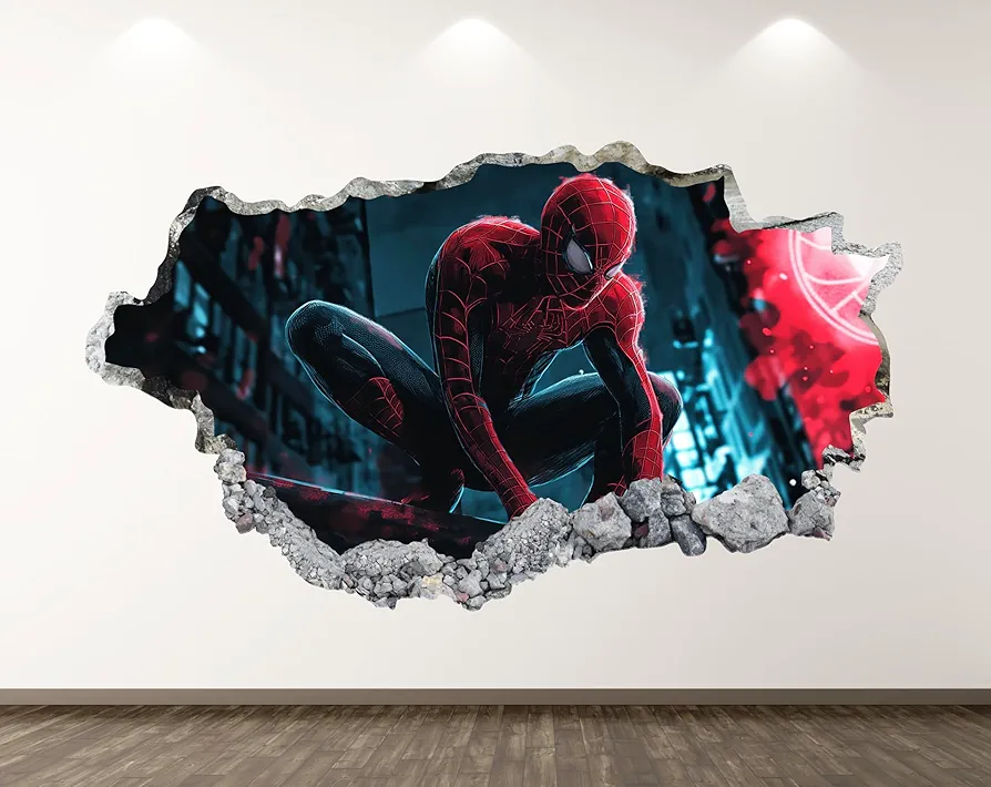 Spider Superhero Wall Decal - Super Hero 3D Smashed Wall Decor - Superheroes Stickers for Kids Bedroom - Spiders Removable Sticker for Boys Room - Children Classroom Playroom Wall Art Mural Vinyl BR05