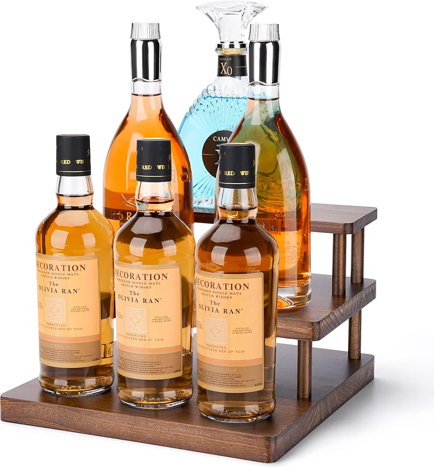 Wooden Liquor Shelf - 3-Tier Liquor Bottle Display Shelf - Liquor Rack for Countertop - Bar Shelf for Liquor - Sturdy Liquor Stand - Liquor Shelf for Home Bar, Game Room or Living Room Display, Brown