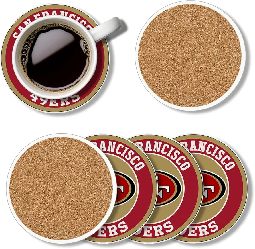 Football Coasters for San Francisco Drinks, Set of 4 Ceramic Round Coasters Cup Mat for Table Room Decor Party Supplies