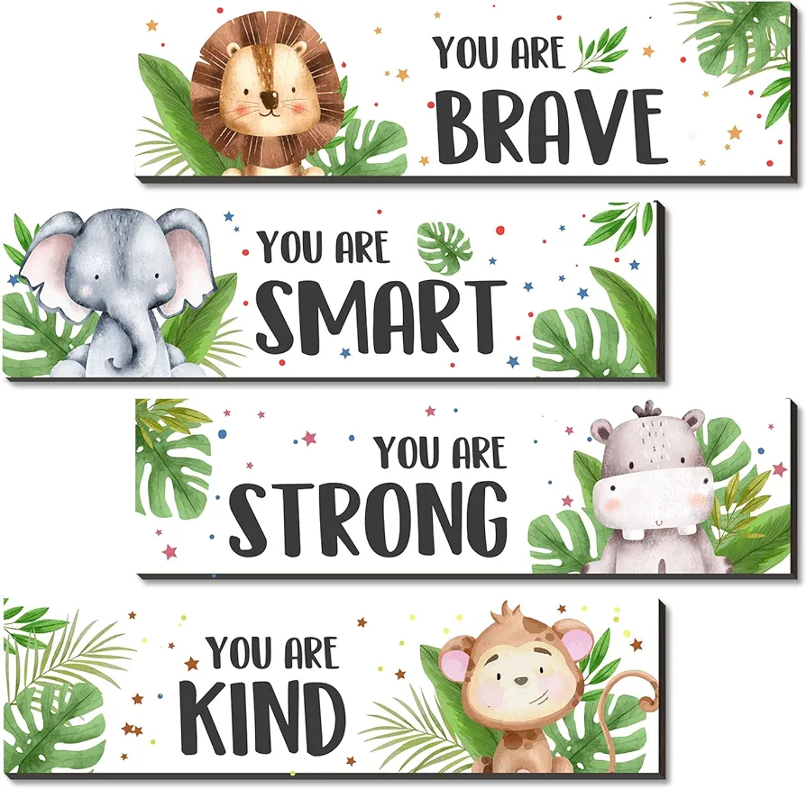 UBLURO 4 Pieces Jungle Animals Wall Art Decors - Motivational Wall Art，Jungle Animals Wooden Hanging Wall Prints Plaques，Jungle Animals Room Decor for Boys Room