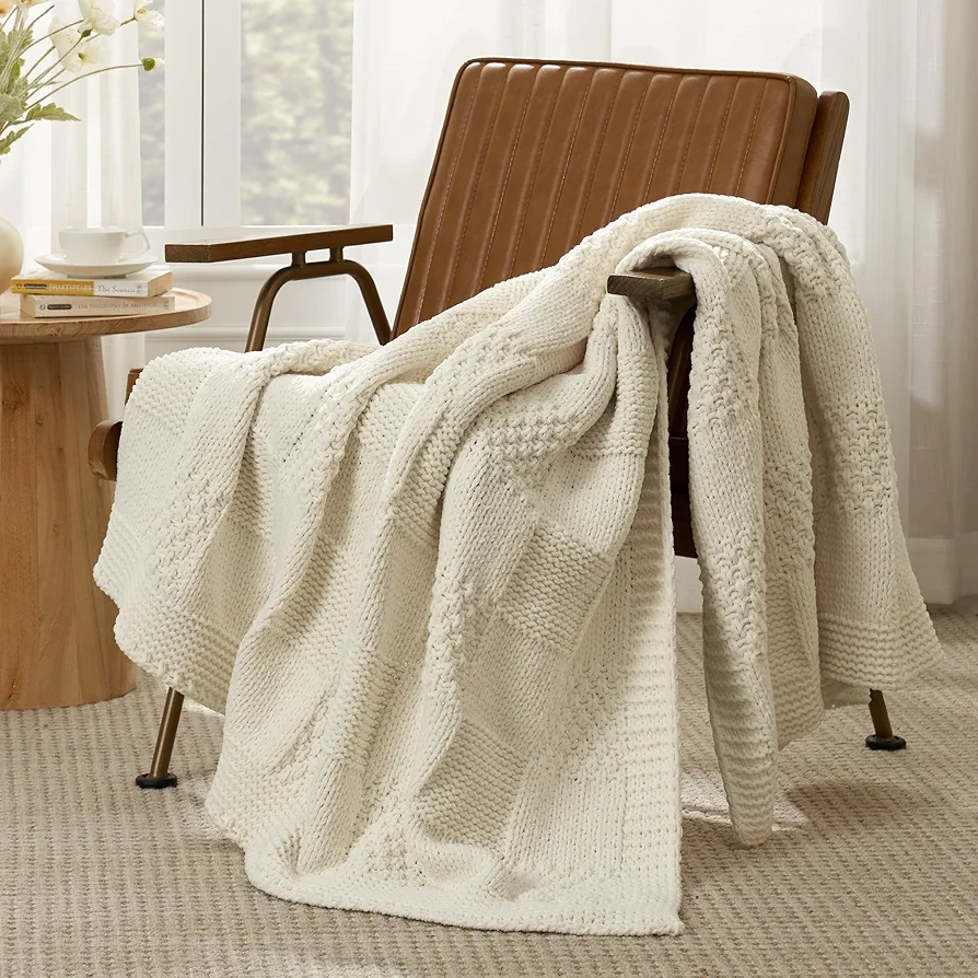 Amélie Home Checkered Throw Blanket Soft Cozy Knit Throw Blanket Farmhouse Decorative Chenille Throw Blanket for Couch Bed Sofa Living Room, 60"x 80", Ivory