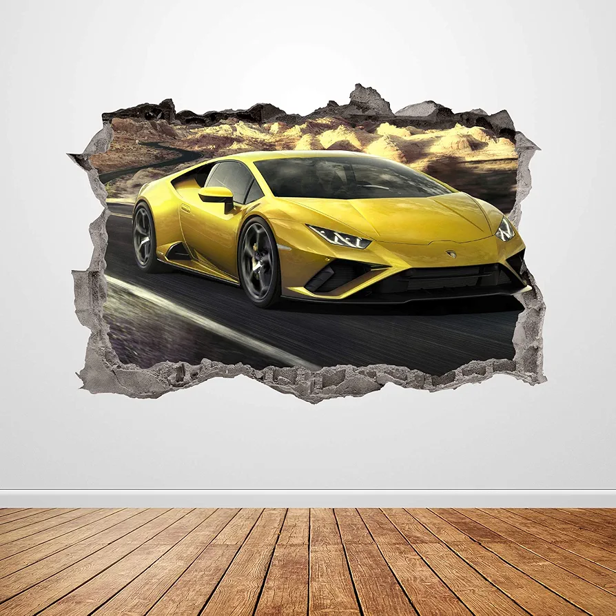 Lamborghini Wall Decal Smashed 3D Graphic Racing Car Wall Sticker Art Mural Poster Kids Room Decor Gift UP148 (36"W x 24"H inches)