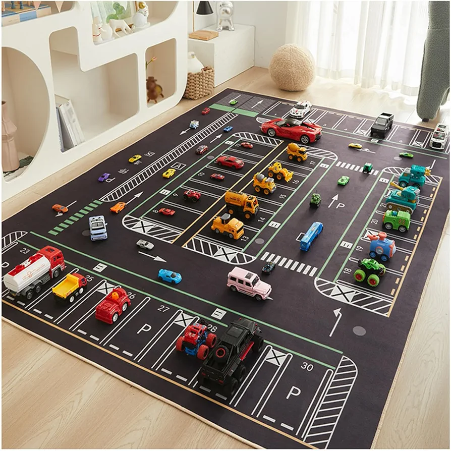 Car Mat Play Rugs, Parking Lot Floor Mat 2'x3' Reading Area Toy Area Game Carpet Car City Traffic Hopscotch Crawling Mat Non-slip Playroom Classroom Bedroom Carpet