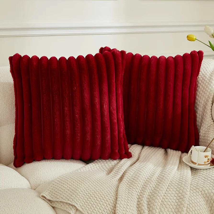 JAUXIO Faux Fur Throw Pillow Covers Soild Set of 2 Textured Striped Decorative Pillowcases Fluffy for Couch Cushion Livingroom 20 x 20 inch, Burgundy