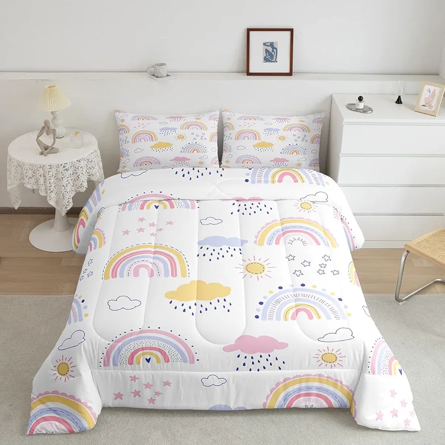 Cute Rainbow Comforter Set Kawaii Cloud Rainbow Bedding Set Full For Girls Kids Teen,Boho Cartoon Stars Sun Comforter Pink Blue Yellow Pastel Bed Quilt Sets Bohemian Doodle Room Decor 2 Pillow Cases