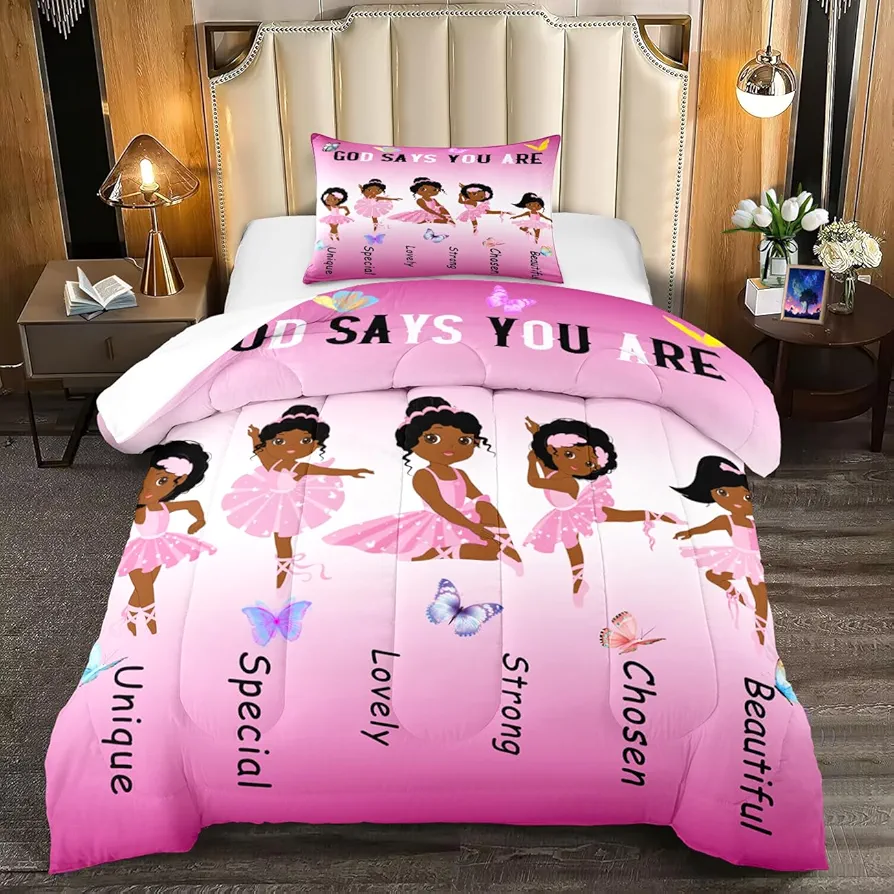 African American Ballerina Comforter Set Black Girls Bedding Set Ultra Soft Microfiber Breathable Pink Comforter Set Kids Comforter Sets For Girls for Princess Room Decor Twin with 1 Pillowcase