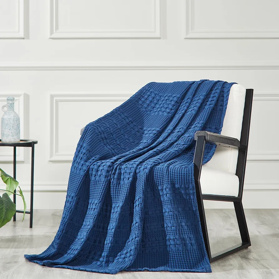 VHC Brands 100% Cotton Waffle Weave Navy Blue Throw 50x60, Decorative Cotton Throw Blanket, Boho Farmhouse Bedroom, Living Room Decor for Bed, Couch, or Sofa