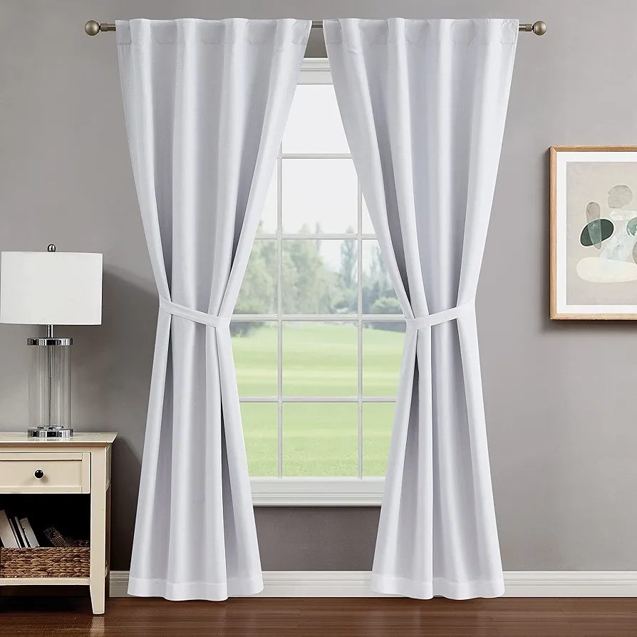 Creative Home Ideas Blackout Window Curtains (2 Panels, 38”x 96”, White) Room Darkening Thermal Insulated Curtains with 2 Tiebacks - Tobie Window Curtains for Bedroom, Living Room