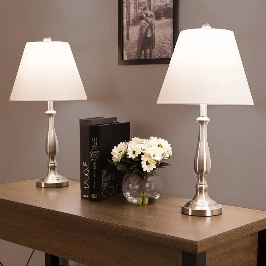 Brushed Steel Table Lamps - Set of 2 Traditional Accent Lights with LED Bulbs - Home Décor for Bedroom, Living Room, Office, or Entry by Lavish Home