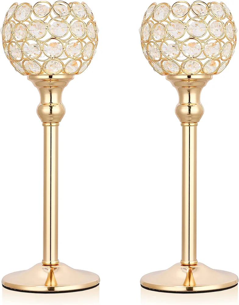 2 PCS Candle Holders, Crystal Candlestick Holders for Tables Dining Halloween Christmas Anniversary Wedding Decoration, Fit Best with Flameless LED Tea Light Candles (Gold)