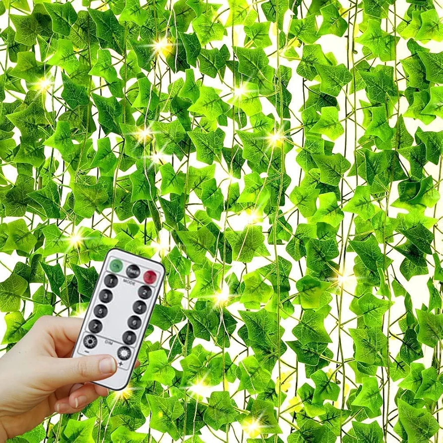 YUMMIS USB Plug Vines with Fairy Lights, 32.8ft Artificial Ivy Garland Vines with 100 LED String Lights, Hanging Fake Ivy Greenery Plants for Bedroom Room Decor Aesthetic Wall Wedding Decoration