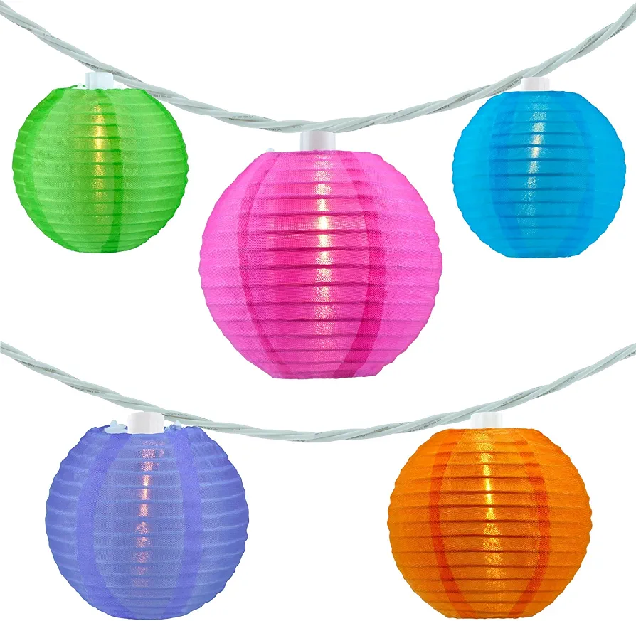 YULETIME Multicolor Lantern String Lights, 10 Count Nylon Lantern on 7.6' White Wire, UL listed 8" Spacing End-to-end Connectable Plug-in String Lights (Multi-colored)