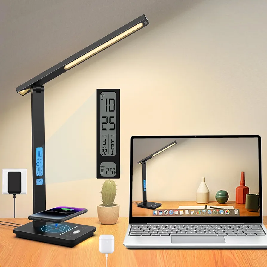 10 in 1 Smart Desk Lamp, Desk Table Lamp for Office, Eye-Caring Office Lamp with Night Light, Lamp for Desk with 10W Wireless Charger, Dimmable Touch Lamp for Home College Dorm Reading Study Work Room