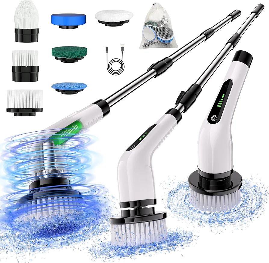 Electric Spin Scrubber Cordless Full Body Waterproof Cleaning Brush with Displaying Battery Level, 7 Replaceable Heads, Dual Speed, and Detachable Telescopic Handle for Kitchen Living Room Bathroom