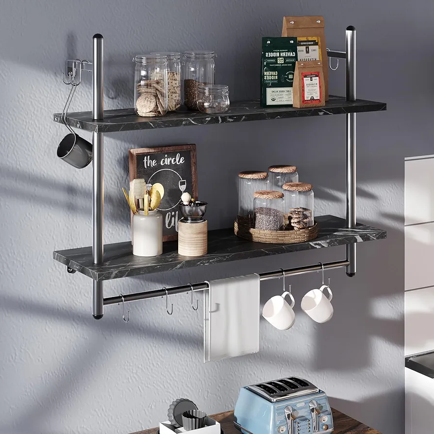 Bestier Pipe Shelf Industrial Floating Shevles 31" Kitchen Wall - Mounted Shelf with Towel Bar Coffee Bar Shelf Hanging Display Rack Bookshelf Living Room Decor Bathroom - Black Marble