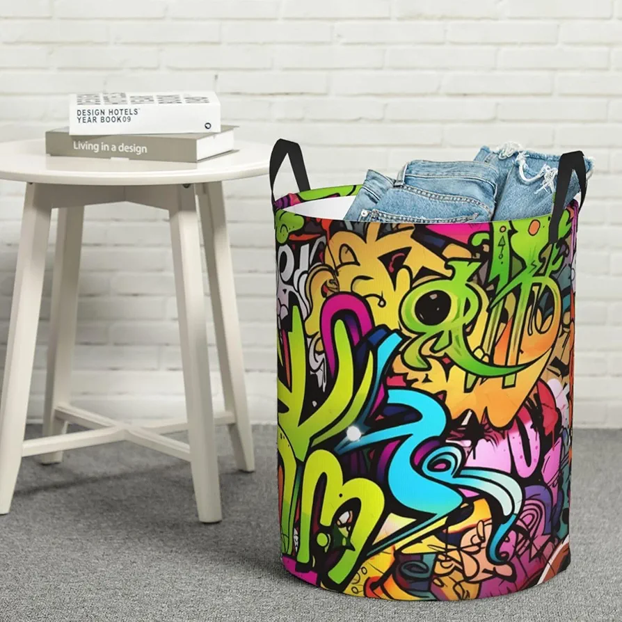 Large Laundry Basket Graffiti Drawing Laundry Hamper Collapsible Laundry Baskets Freestanding Waterproof Laundry Bag for Bedroom Bathroom Laundry Room, Small, Black, 65HG6FD54H6