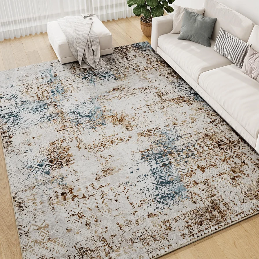 5x7 Area Rugs for Living Room Rug-Carpets for Bedroom Machine Washable Rugs for Nursery Dining Room Rug Abstract Modern Bohemian Neutral Rug Non Slip Soft Rug Brown Steel Blue