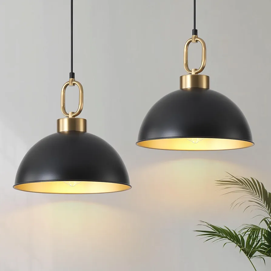 Farmhouse Pendant Light Fixture 2 Pack, Space Saving Industrial 12.2 in Hanging Light, Matte Black with Gold Handle, Adjustable Height, Vintage Shade, Brightness, Kitchen, Dining, Living Room