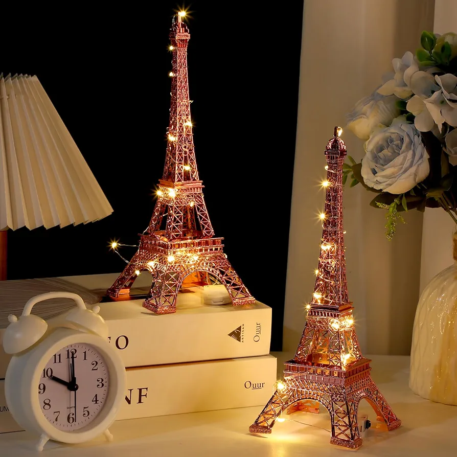 2 Pack Metal Eiffel Tower Statue Decor Paris Eiffel Tower Model Figurine Replica Stand Holder for Themed Party Decoration Cake Topper Bedroom Room Home Table Gift (Rose Gold,10 Inch)