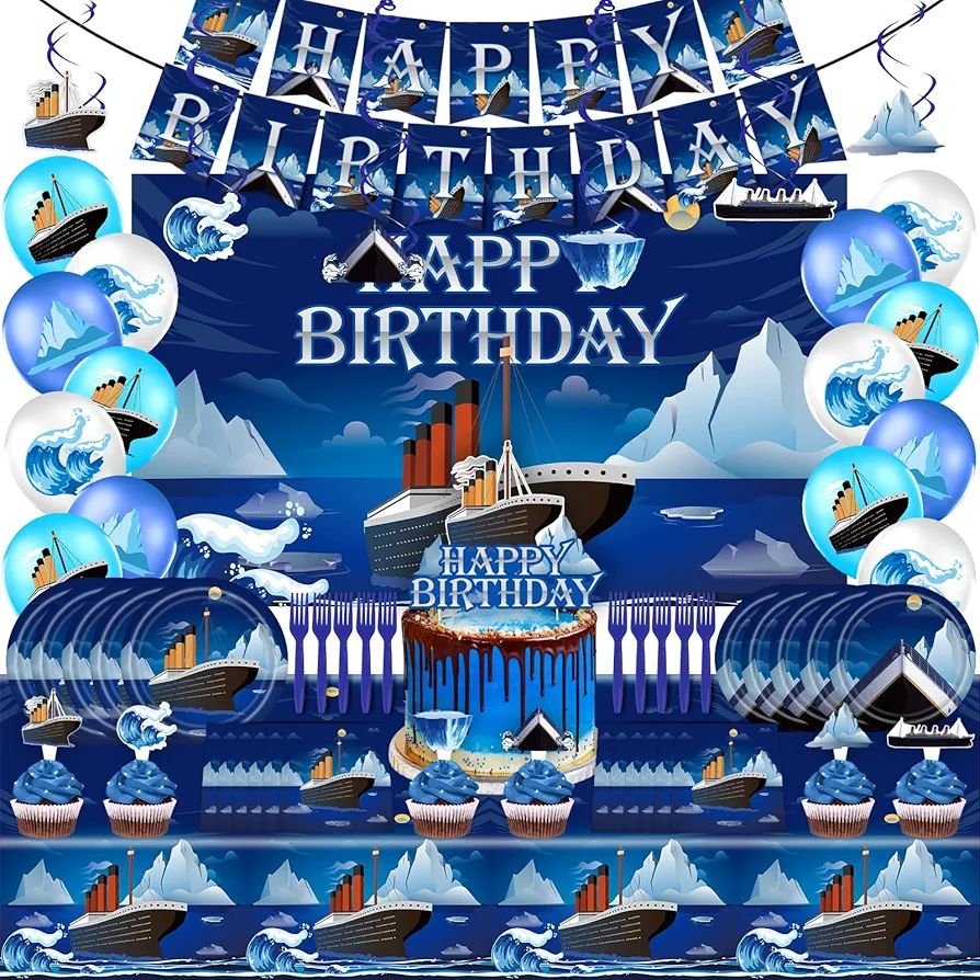 Titanic Party Supplies Set,Titanic Classic Movie Themed,Include Disposable Happy Banner,Hanging Swirl,Balloons,Titanic Backdrop,Plates,Napkins,and More,Suitable For Girl’s And Boy’s Birthday Parties