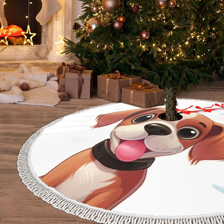 Christmas Tree Skirt with Tassel Cute Dog 36" Xmas Tree Skirts Tassel Tree Mat Ornament for Home Indoor Outdoor Room Holiday Decoration