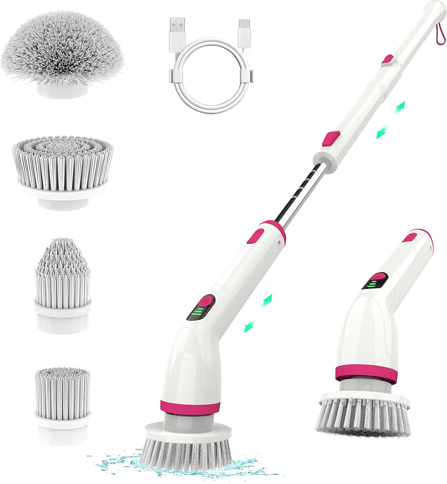 Pink Electric Spin Scrubber, 2024 New Full-Body IPX7 Waterproof Cordless Bathroom Scrubber with 4 Replaceable Heads, Adjustable Extension Handle, Shower Cleaning Brush for Bathtub, Tile, Floor